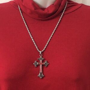 Fleur de Lis Stainless Steel Cross w/stainless steel rope chain, beautiful.